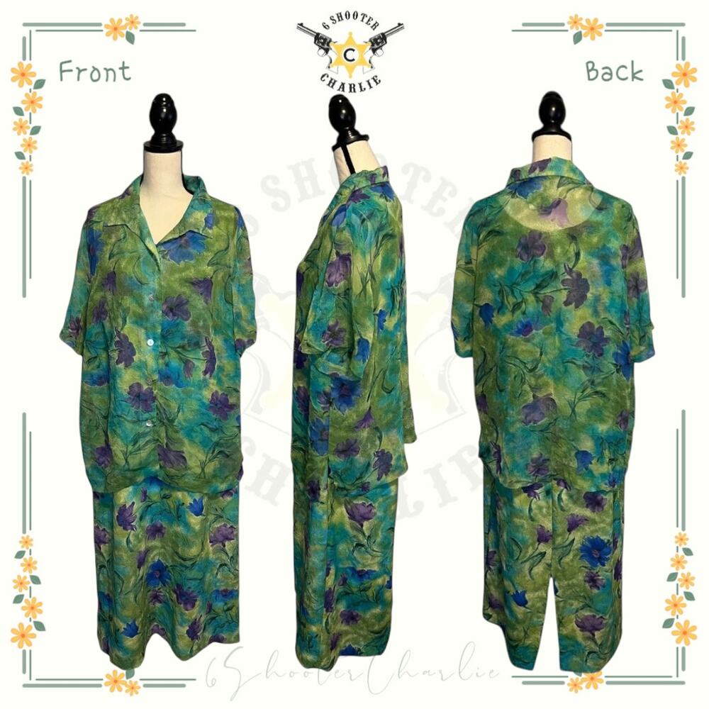 Vintage Lady Dorby 2 Piece Crinkle Floral Dress Womens Plus Size 16W Green Sheer